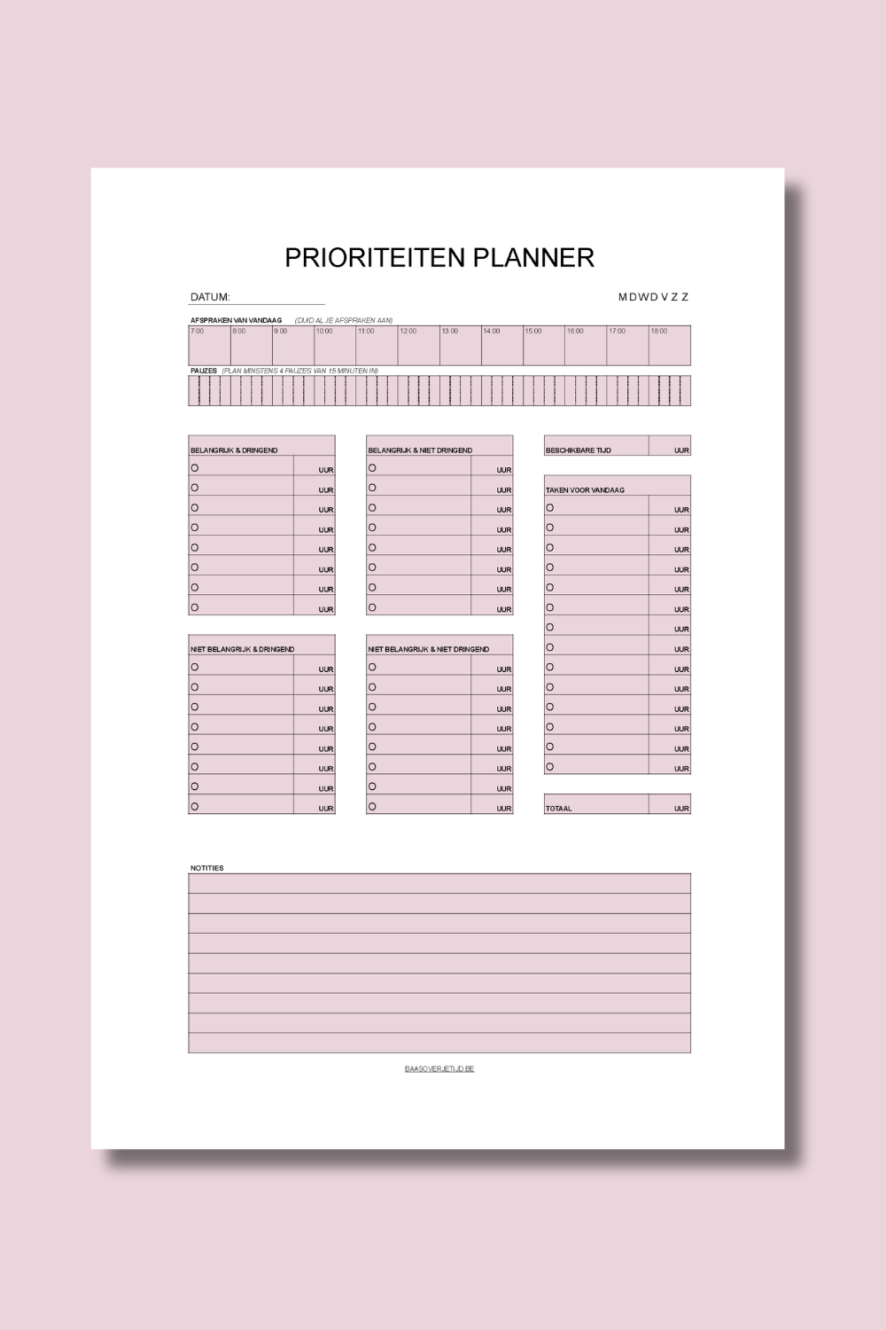 Prioriteitenplanner (printable) - Roze