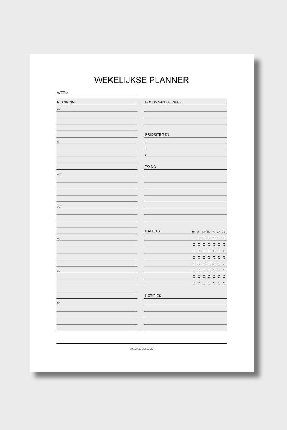 Wekelijkse Planner (printable) - Grijs