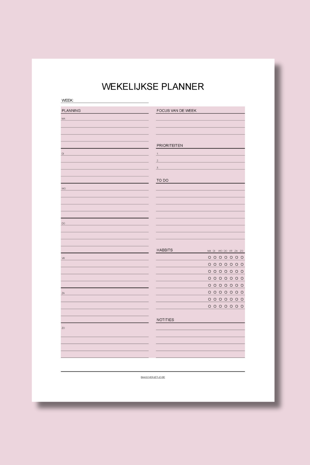 Wekelijkse Planner (printable) - Roze