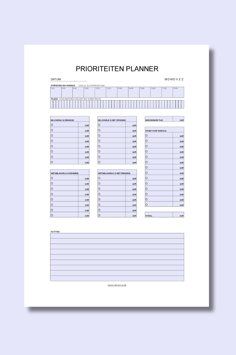 Prioriteitenplanner (printable) - Blauw